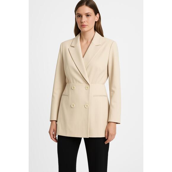 Cream DoubleBreasted Stylish Notched Lapel Light Beige Blazer Coat Womens Large - Picture 2 of 11